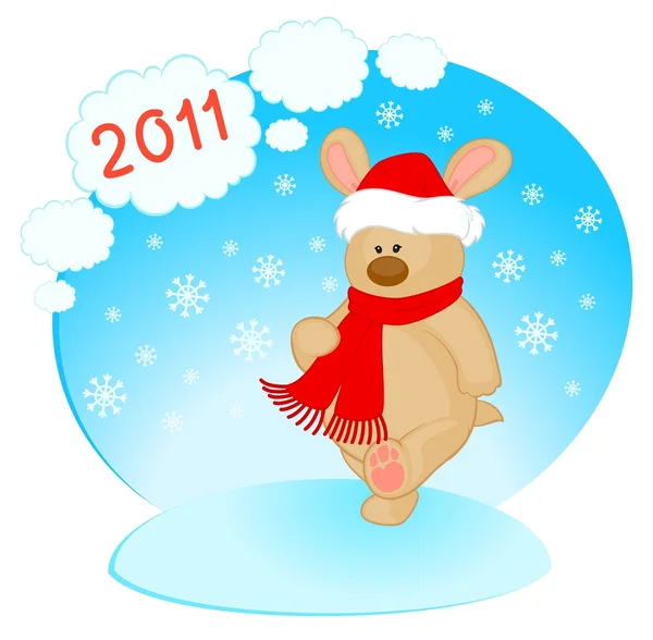 Desenhos animados coelhinho brinquedo no terno de Papai Noel — Vetor de Stock