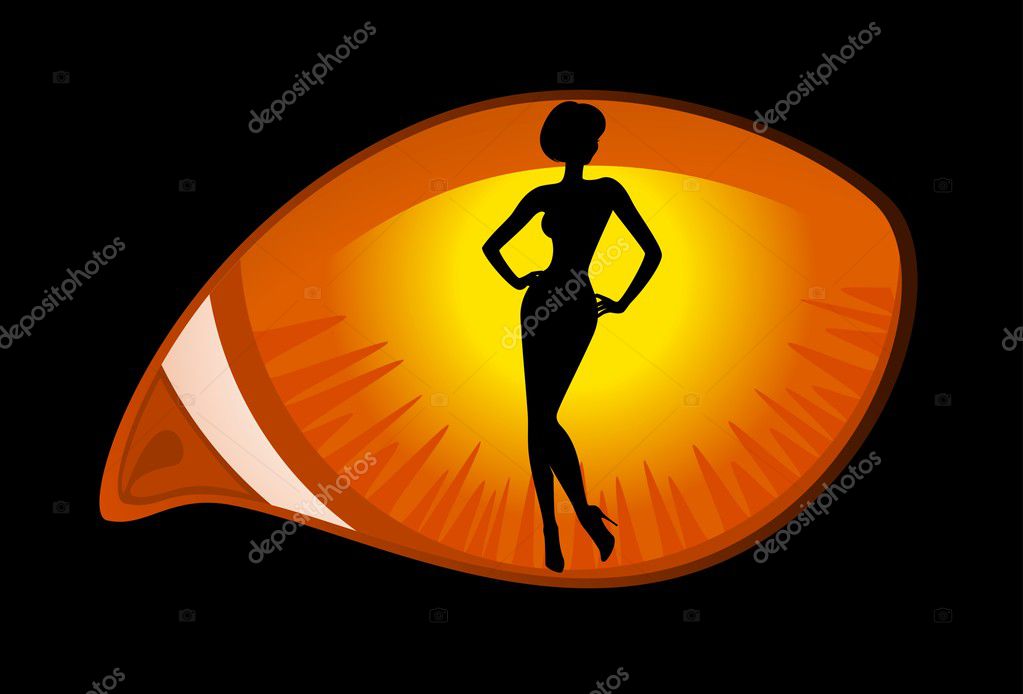 Beautiful Pin Up Silhouette In Black Cat Eyes In Darkness — Stock