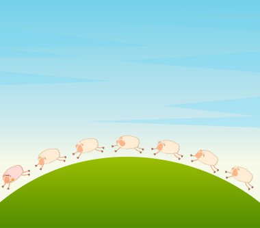 Landscape background with cartoon in love sheep pursues after other clipart