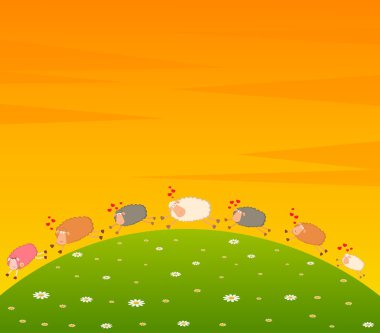 Landscape background with cartoon in love sheep pursues after other clipart