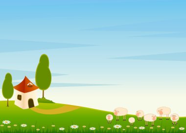 Vector landscape background with cartoon sheep clipart