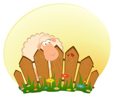 koyun bir çit sonra gülümseyerek karikatür