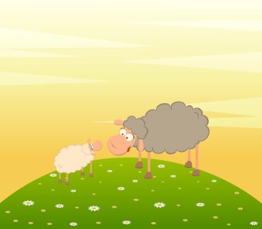 Landscape background with two cartoon smiling sheep clipart