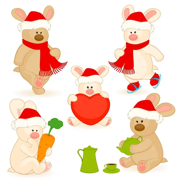Vector set of cartoon little toy rabbit with gifts — Stock Vector