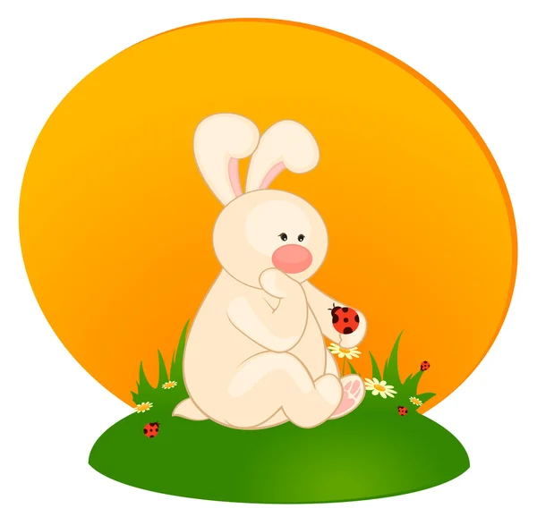 Cartoon little toy bunny with ladybird — Stock Vector