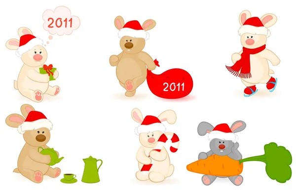 Conjunto de vectores de dibujos animados pequeño conejo de juguete con regalos — Vector de stock