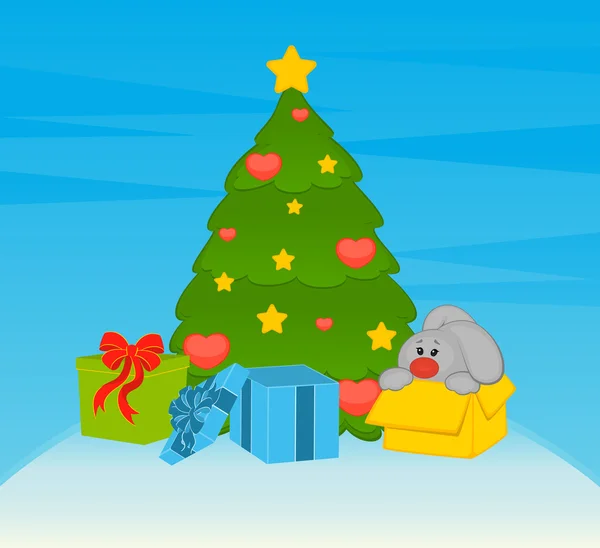 Çam ağacı ve hediyeler ile küçük oyuncak tavşan karikatür — Stok Vektör