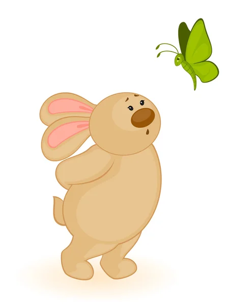 Cartoon little toy bunny with butterfly — Stock Vector