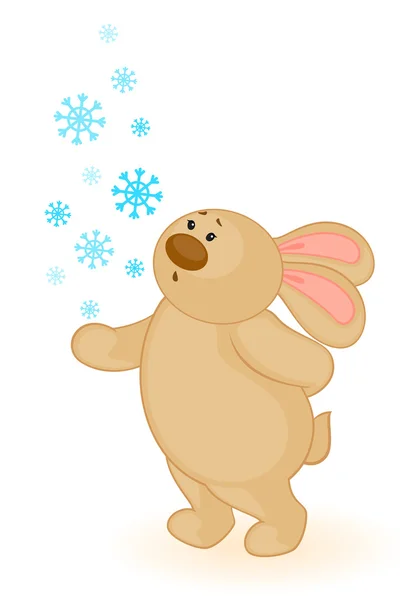 Cartoon kleine speelgoed konijntje met sneeuwvlokken — Stockvector