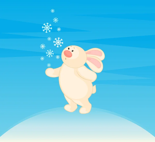 Tecknad liten leksak kanin med snöflingor — Stock vektor