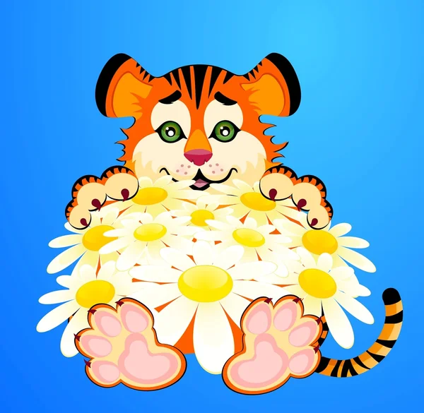 Znak 2010 rok jest piękny mały Tygrys z camomiles — Wektor stockowy