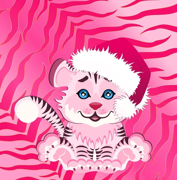Zeichen 2010 Jahre ist ein schöner kleiner Tiger mit roter Mütze auf einer hellen Abstraktion — Stockvektor