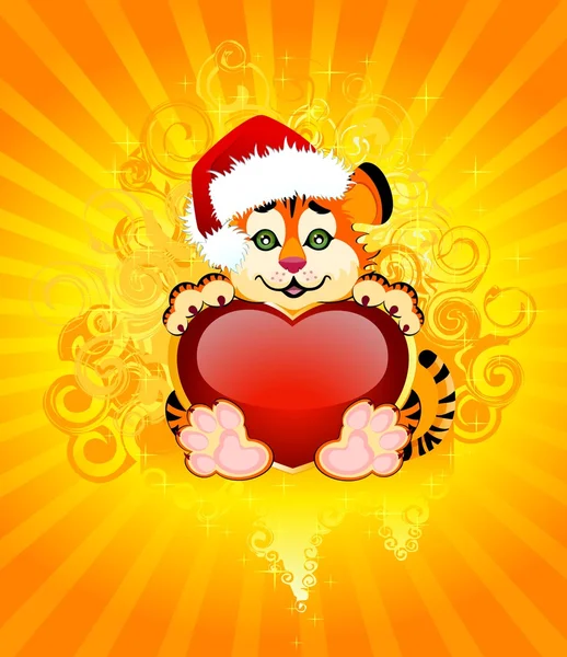 2010 års är en vacker liten tiger med hjärta på bakgrund — Stock vektor