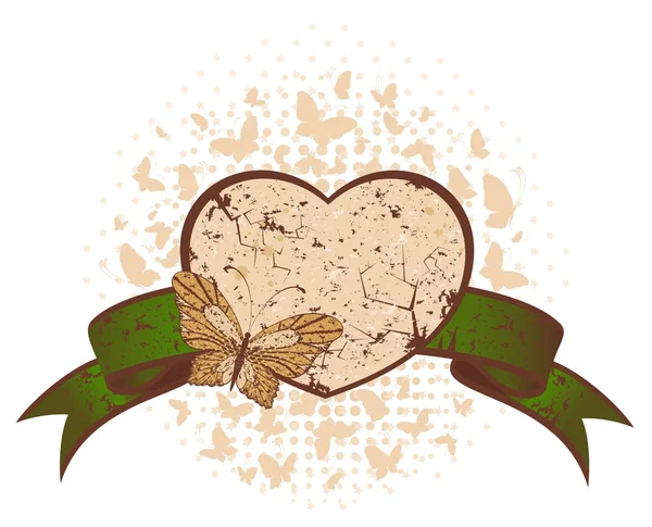 Fond grunge avec papillon tropical et coeur — Image vectorielle