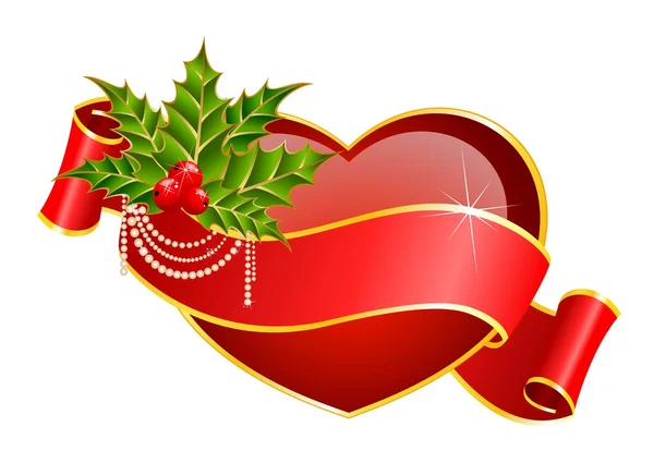 Hermoso corazón rojo está decorado con cinta — Vector de stock