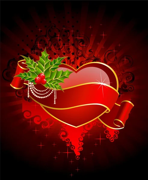 Hermoso corazón rojo está decorado con cinta para Navidad — Vector de stock
