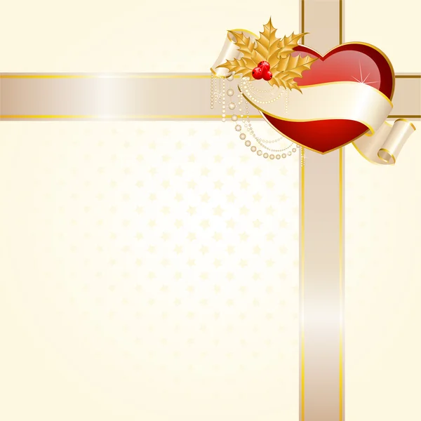 Prachtige rood hart is versierd met lint voor christmastides — Stockvector