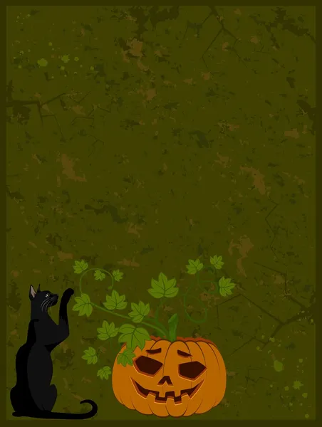 Det utskårne ansiktet til gresskaret med katt på Halloween – stockvektor