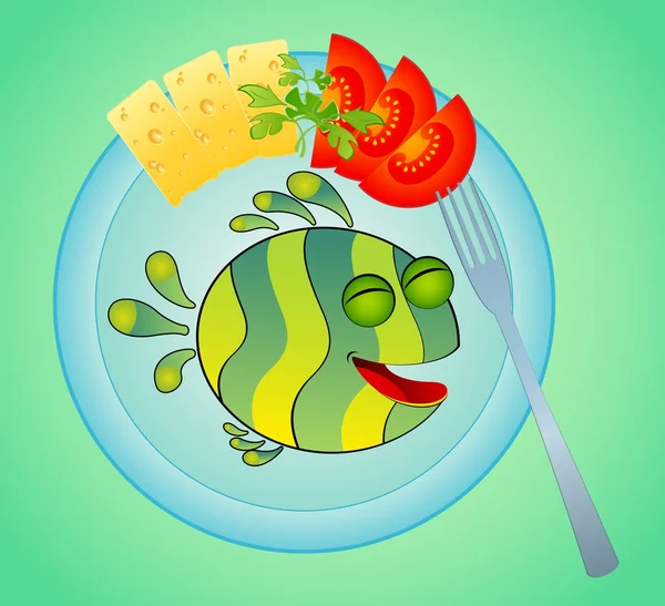 Savoureux délicieux poissons sur un plat sont décorés d'une tomate et des fromages — Image vectorielle