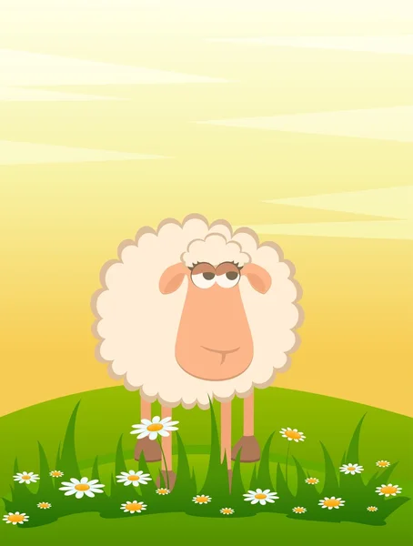 Landscape background with cartoon smiling sheep — Stock Vector