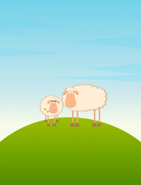 Vetor paisagem fundo com desenhos animados ovelhas sorridentes — Vetor de Stock