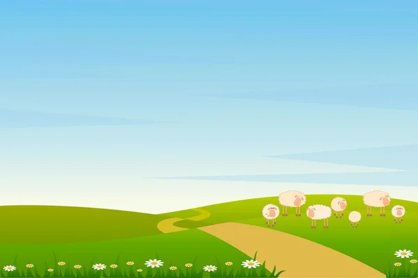Fondo de paisaje vectorial con ovejas sonrientes de dibujos animados — Archivo Imágenes Vectoriales