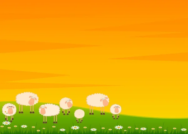 Векторный пейзаж с мультяшной улыбкой овцы — стоковый вектор
