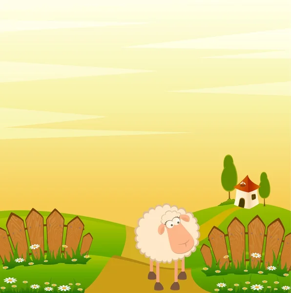 Paesaggio sfondo con cartone animato pecore sorridenti — Vettoriale Stock