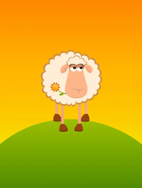Fondo de paisaje con ovejas sonrientes de dibujos animados — Vector de stock