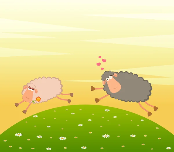 Illustrazione vettoriale di due pecore sorridenti del fumetto innamorate — Vettoriale Stock