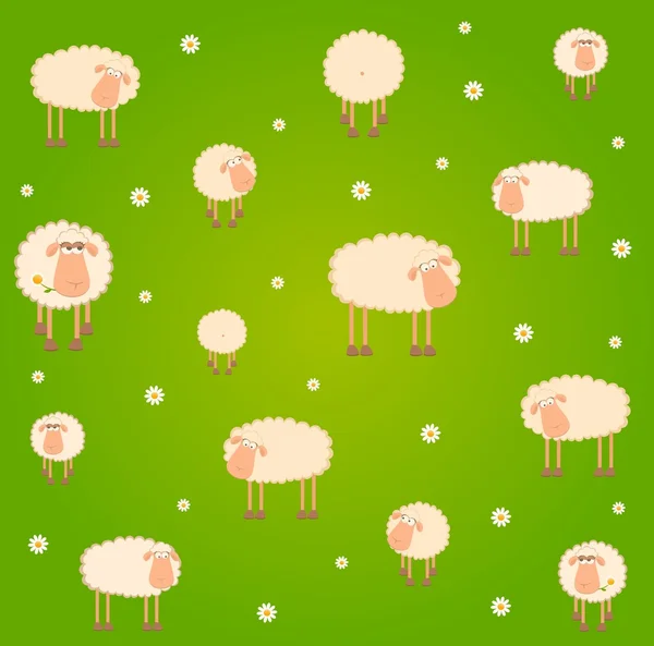 Vector landscape background with cartoon smiling sheep — Stock Vector