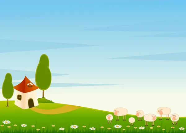 Vektor Landschaft Hintergrund mit Cartoon-Schafe — Stockvektor