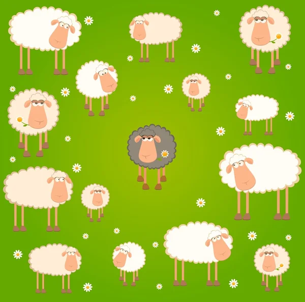 Sfondo paesaggio vettoriale con pecore cartone animato — Vettoriale Stock