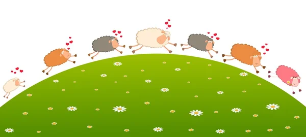 Landschaft Hintergrund mit Cartoon in Liebe Schafe verfolgt nach anderen — Stockvektor