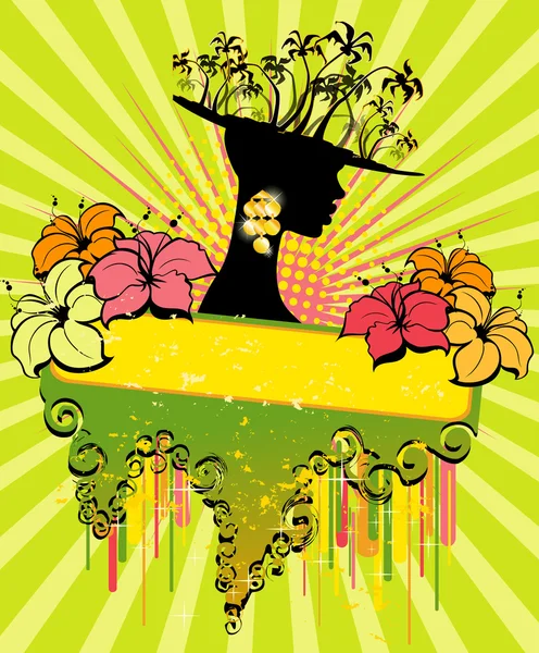 Banner de verano con plantas tropicales y chica africana — Vector de stock