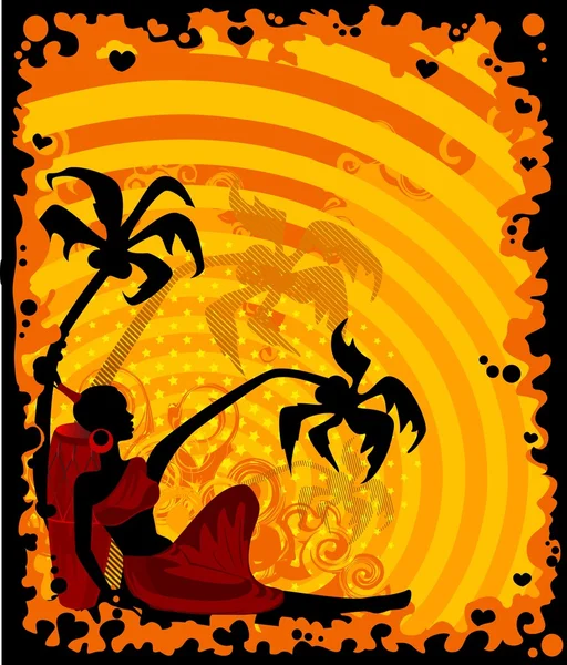 Banner de verano con palmeras tropicales y chica africana — Vector de stock