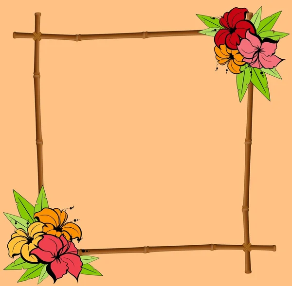 Summer frame from bamboo with tropical flowers — Stock Vector