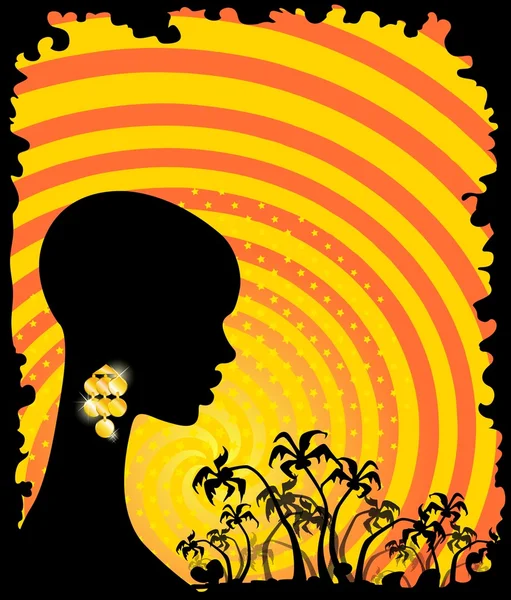 Banner de verano con palmeras tropicales y chica africana — Vector de stock