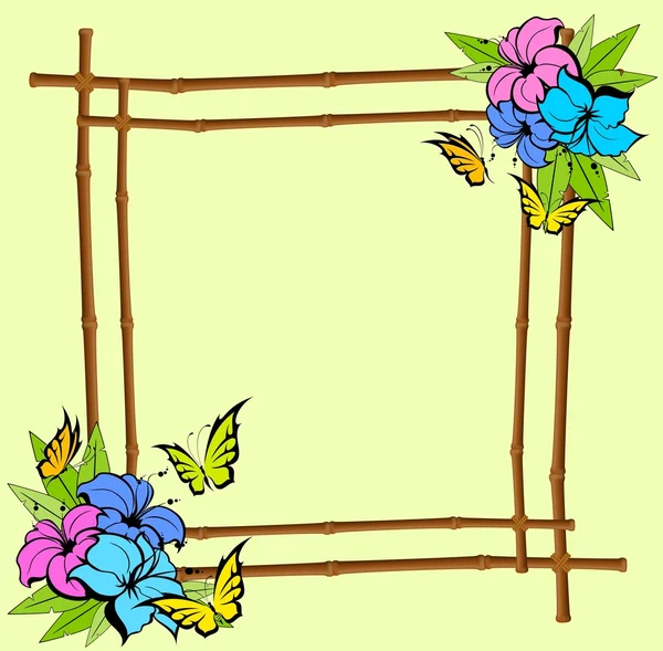 Cadre d'été en bambou avec fleurs tropicales — Image vectorielle