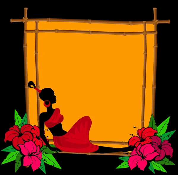 Bannière d'été avec des fleurs tropicales et fille africaine — Image vectorielle