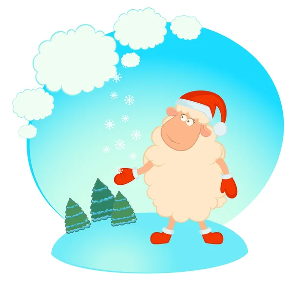 Cartoon funny sheep in the suit of Santa Claus. — Stock Vector