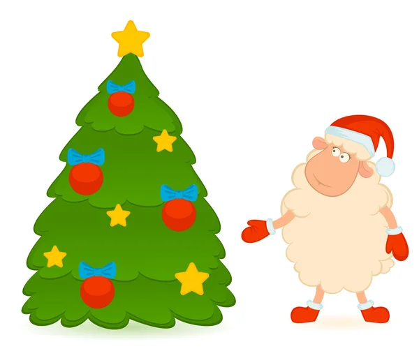 Desenhos animados ovelhas engraçadas no terno de Papai Noel . — Vetor de Stock