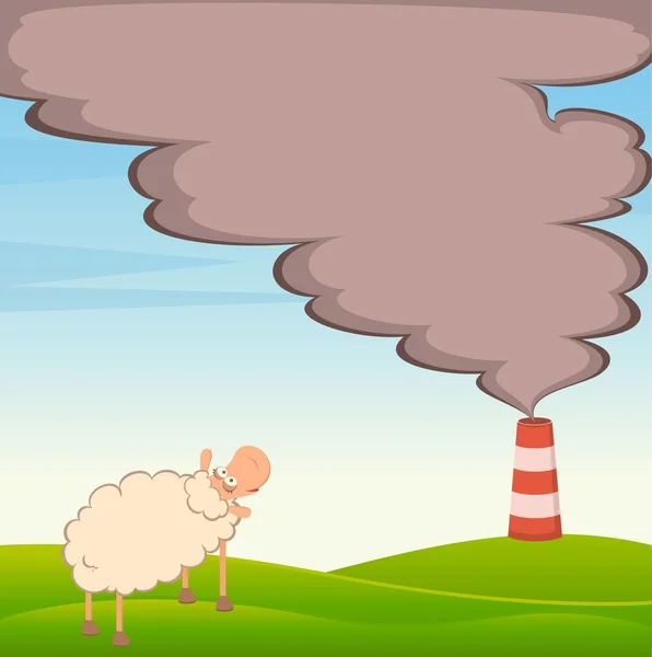 Sheep looking as a factory is contaminated atmosphere by poisonous garbage — Stock Vector