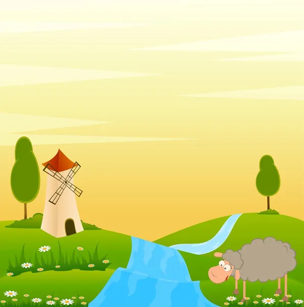 Landscape background with cartoon smiling sheep — Stock Vector