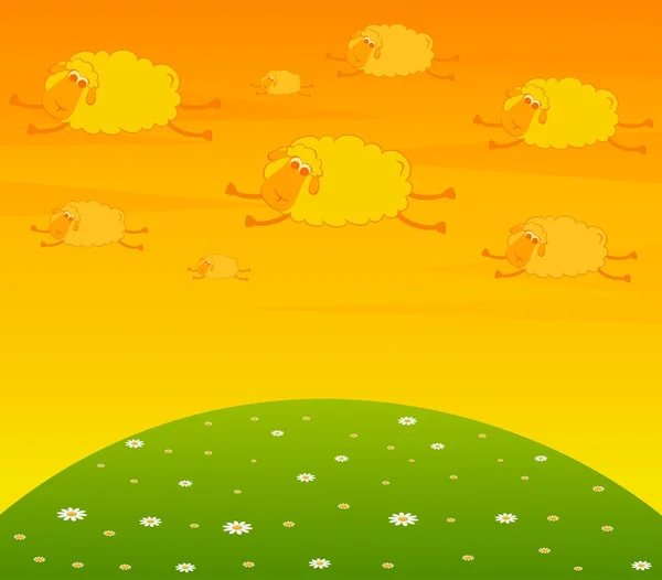 Nuvole di cartoni animati volano come pecore sorridenti — Vettoriale Stock