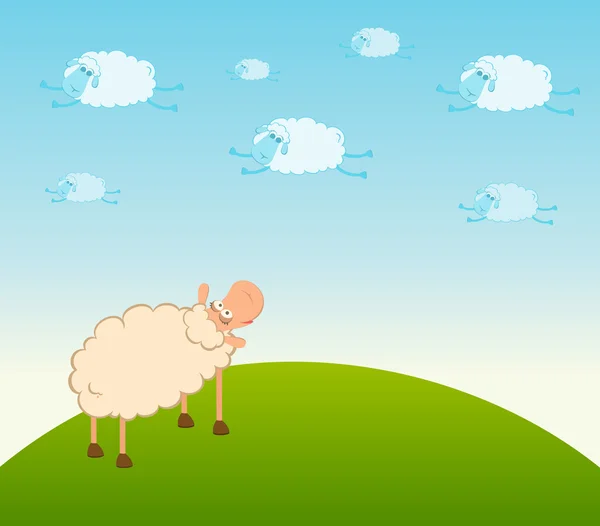 Γελοιογραφία σύννεφα πετούν τόσο χαμογελαστά πρόβατα — Διανυσματικό Αρχείο