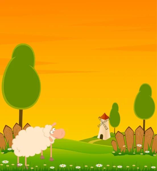 Paisagem de fundo com desenhos animados ovelhas sorridentes — Vetor de Stock