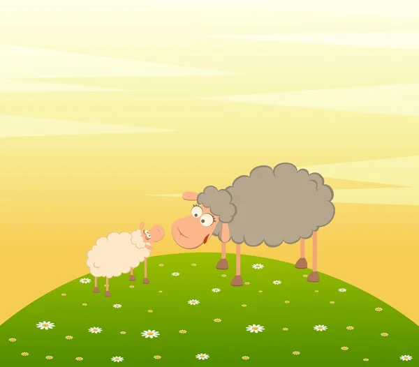 Paesaggio sfondo con due cartoni animati pecore sorridenti — Vettoriale Stock