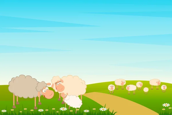 Векторная семья мультяшных овец на ландшафтном фоне — стоковый вектор