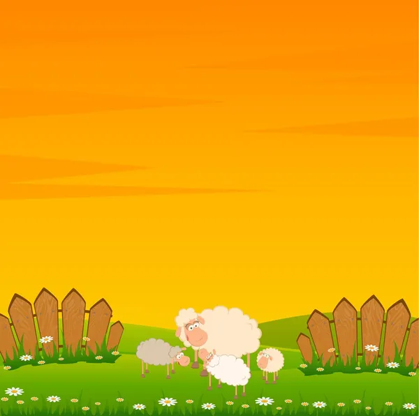 Famiglia vettoriale di pecore cartone animato su sfondo paesaggio — Vettoriale Stock